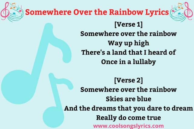 Somewhere Over the Rainbow Lyrics in English Red and Black Text With Music Symbol on Sky Blue Background