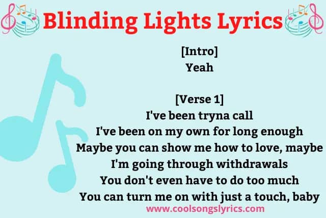blinding lights lyrics with music symbol and red or black text on sky blue background