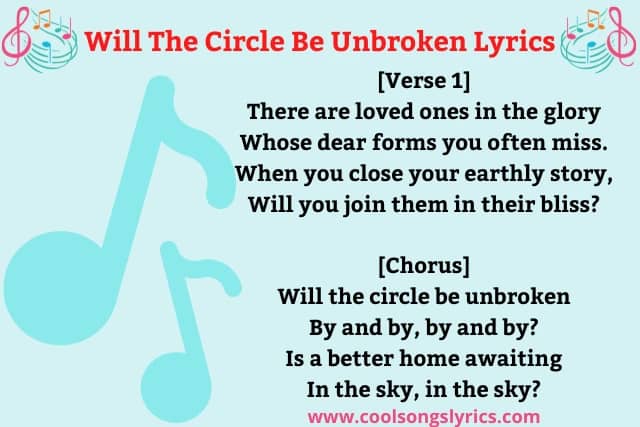Will The Circle Be Unbroken Lyrics Black and Red Text with Music Sign