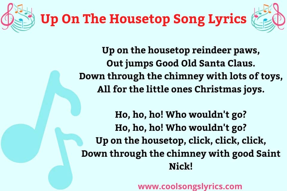 Up On The Housetop Song Lyrics Image with Red and Black Text on Sky Blue Background
